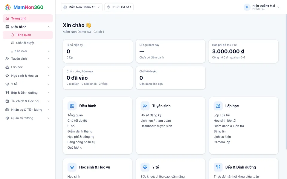 Giao diện quản trị MamNon360
